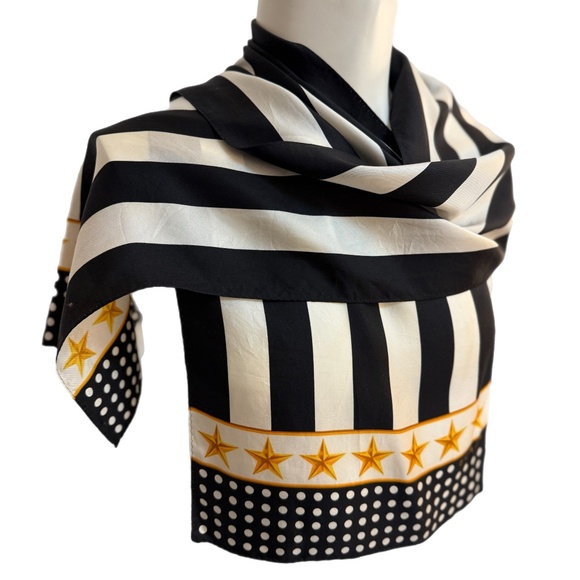 Echo Japan Silk Scarf 🇯🇵 – Black & White Stripes, Gold Stars & Polka Dots - Picture 6 of 11